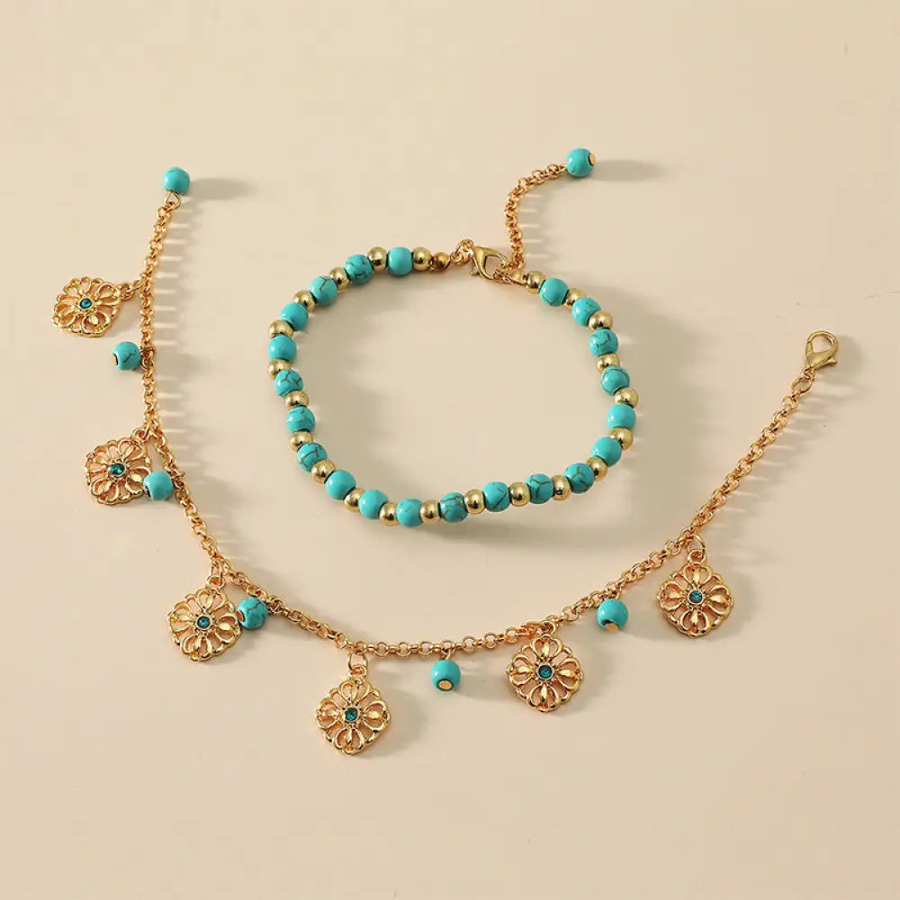Close-up of Turquoise Stone Flower Protection Bracelet Anklet showing natural blue stones and floral charms
