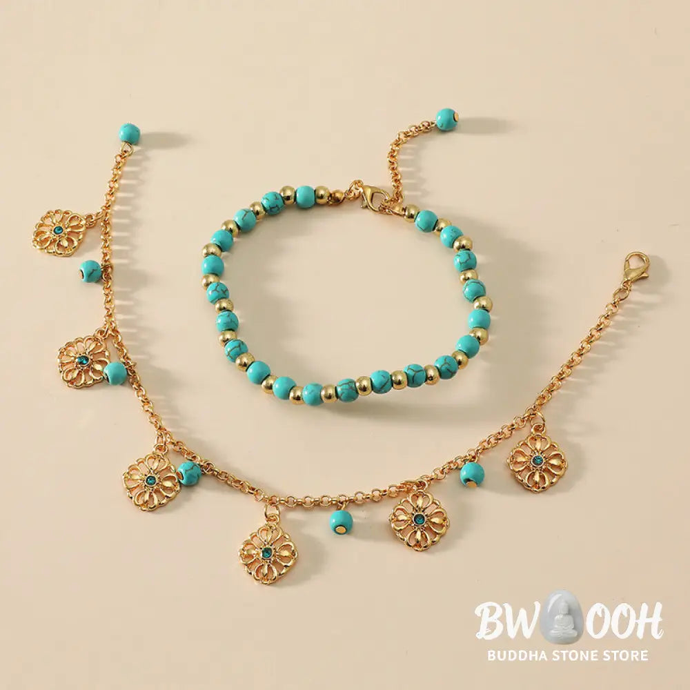 Close-up of Turquoise Stone Flower Protection Bracelet Anklet showing natural blue stones and floral charms - View 6