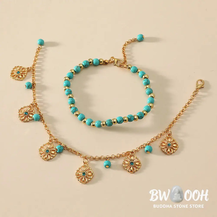 Close-up of Turquoise Stone Flower Protection Bracelet Anklet showing natural blue stones and floral charms - View 6