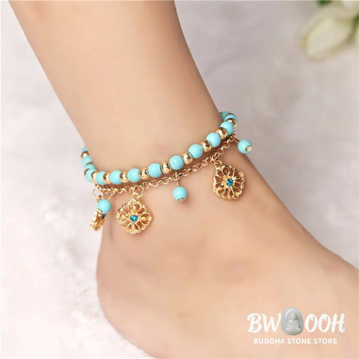 Close-up of Turquoise Stone Flower Protection Bracelet Anklet showing natural blue stones and floral charms - View 3