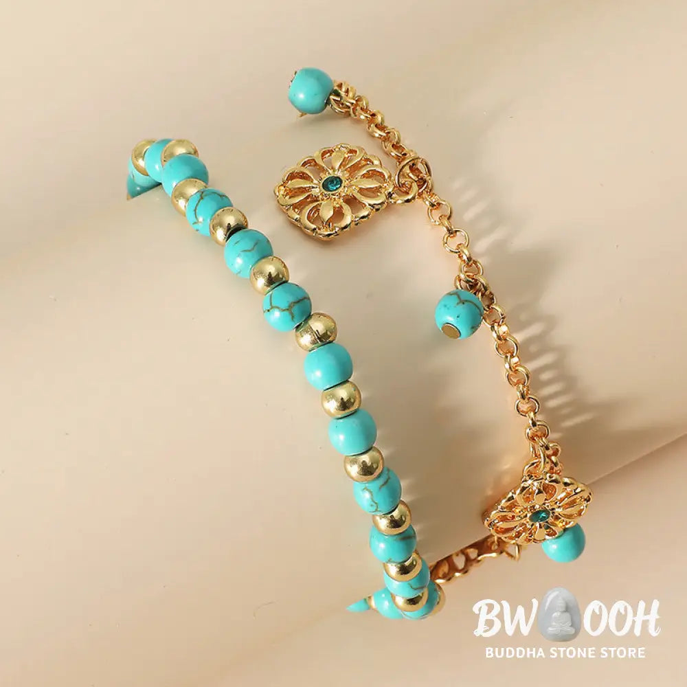 Close-up of Turquoise Stone Flower Protection Bracelet Anklet showing natural blue stones and floral charms - View 5