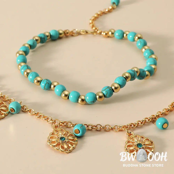 Close-up of Turquoise Stone Flower Protection Bracelet Anklet showing natural blue stones and floral charms - View 4