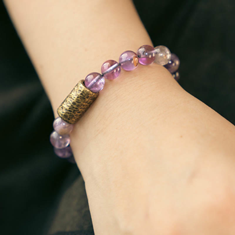 BWOOOH White Crystal Red Hematoid Quartz Gold Rutilated Quartz Purple Phantom Protection Bracelet