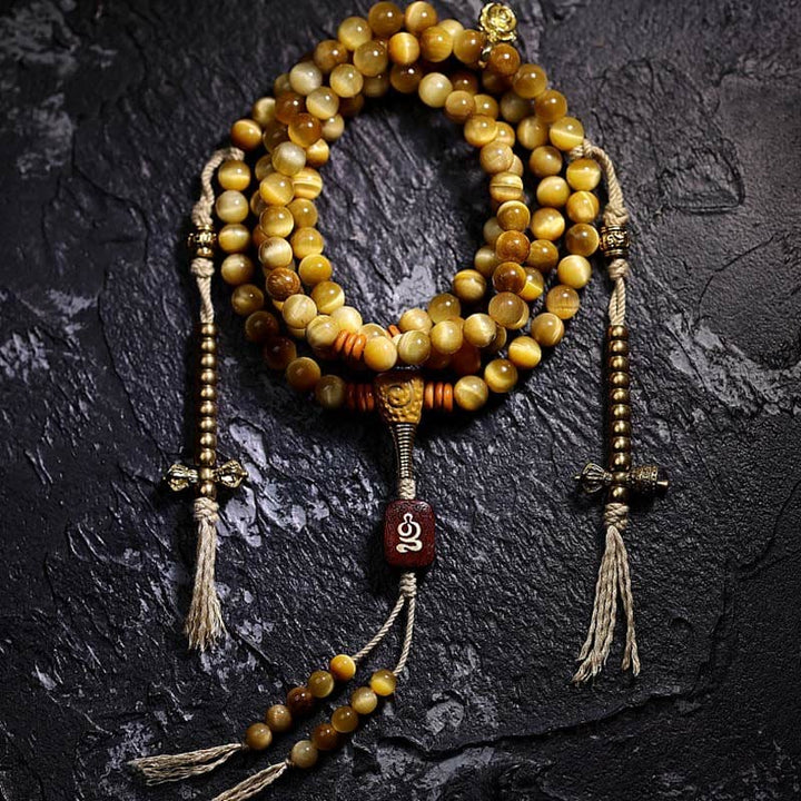 BWOOOH 108 Mala Beads Natural Tiger Eye Copper Dorje Protection Tassel Bracelet