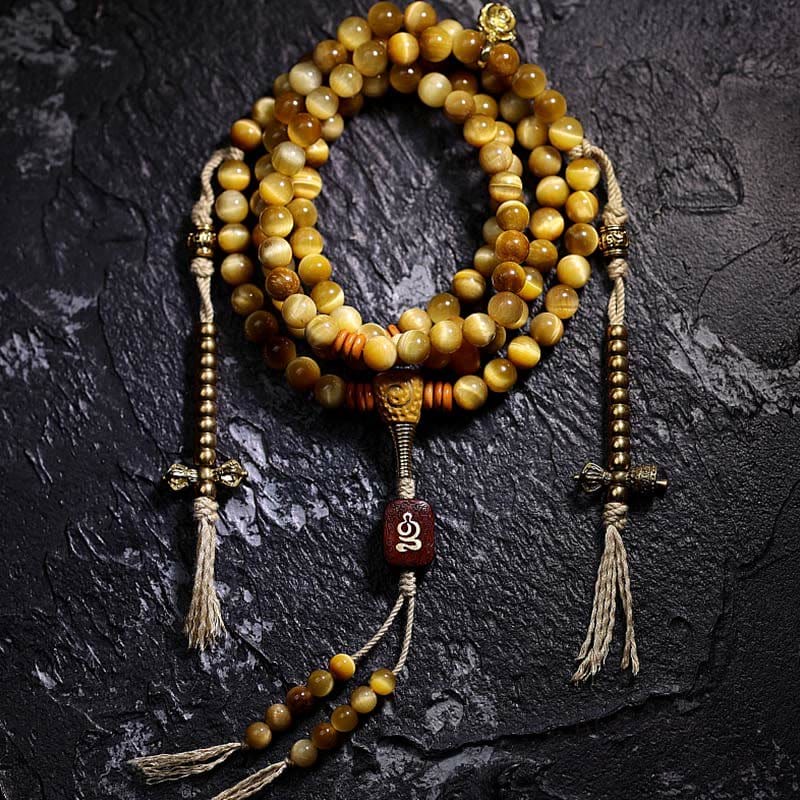 BWOOOH 108 Mala Beads Natural Tiger Eye Copper Dorje Protection Tassel Bracelet