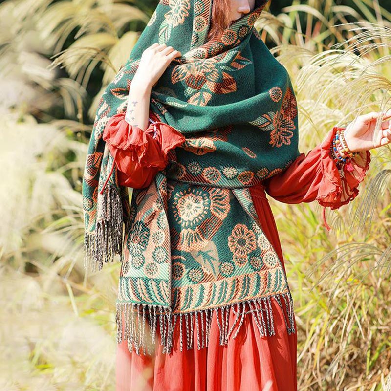 BWOOOH Tibetan Flower Floral Leaves Pattern Design Shawl 