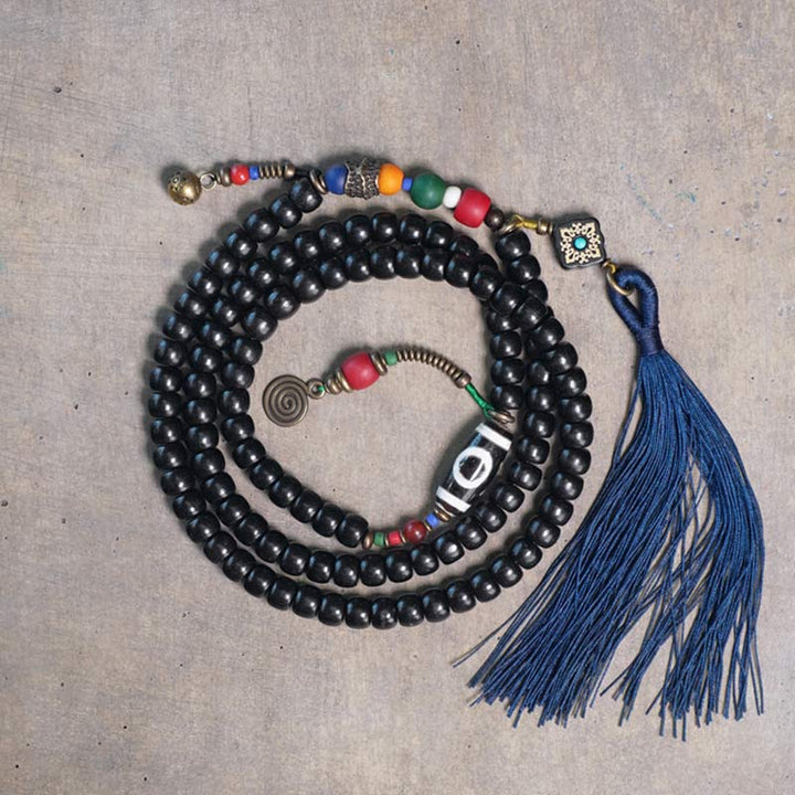 BWOOOH 108 Beads Mala Ebony Wood Dzi Bead Copper Balance Tassel Bracelet