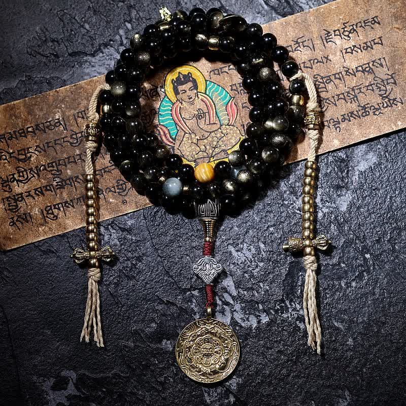 BWOOOH 108 Mala Beads Gold Sheen Obsidian Tiger Eye Eagle&
