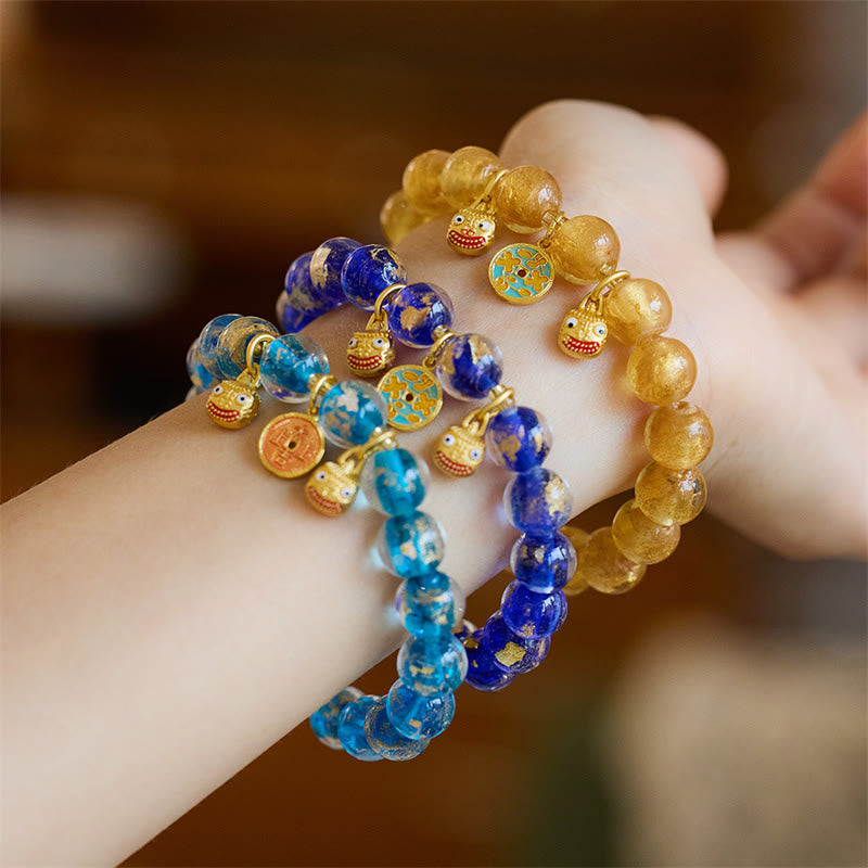 BWOOOH Gold Swallowing Beast Copper Coin Good Luck Charm Liuli Glass Bead Fortune Bracelet