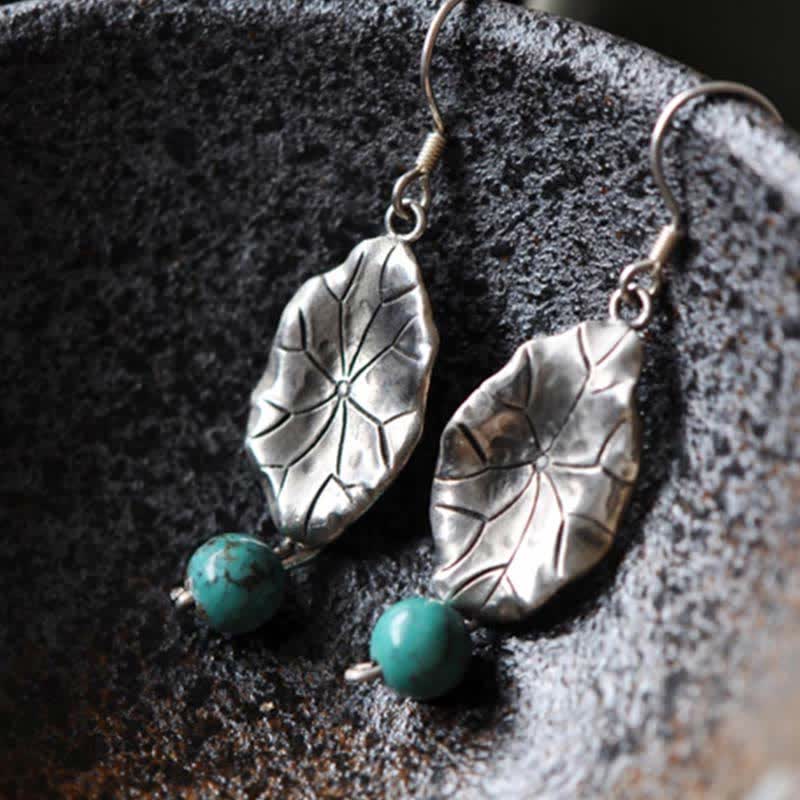 BWOOOH 925 Sterling Silver Turquoise Lotus Leaf Protection Drop Dangle Earrings