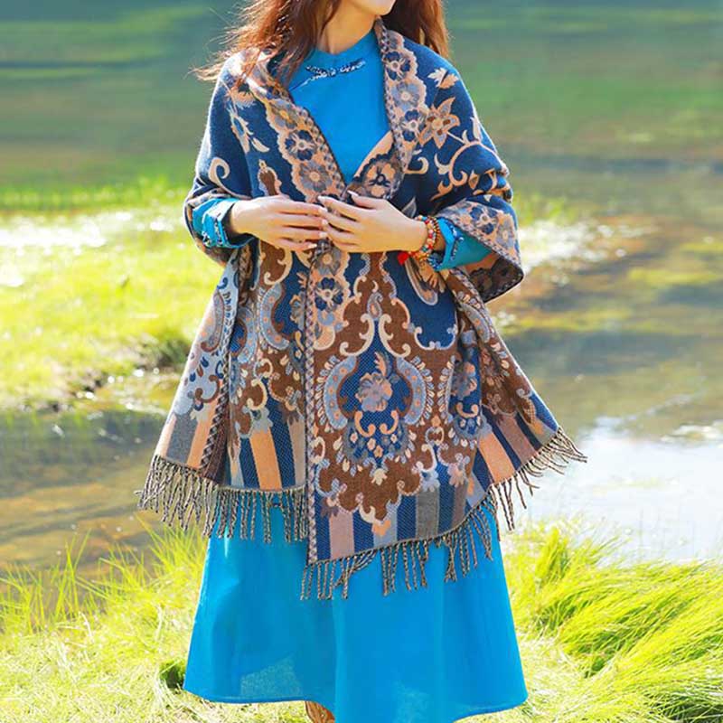 BWOOOH Tibetan Flowers Leaves Branch Design Tassel Shawl 