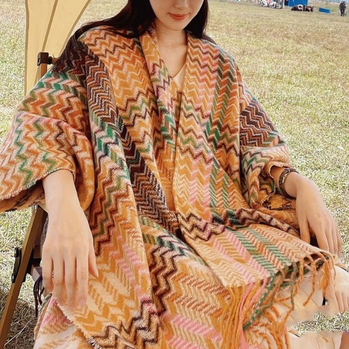 BWOOOH Tibetan Shawl Colorful Wavy Striped Shapes Tassels