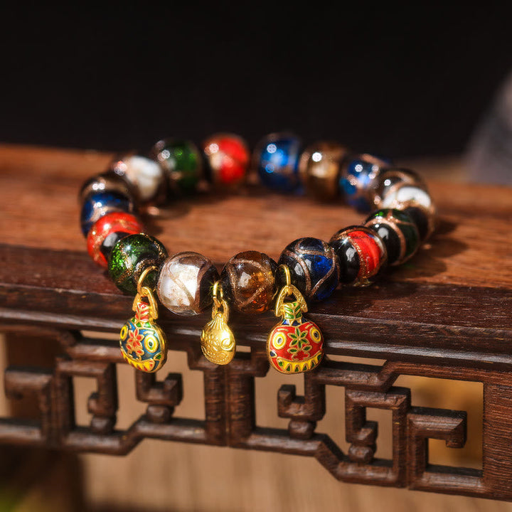 BWOOOH Five Elements Gold Swallowing Beast Family Charm Liuli Glass Bead Luck Bracelet