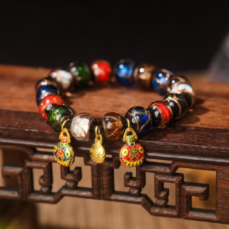 BWOOOH Five Elements Gold Swallowing Beast Family Charm Liuli Glass Bead Luck Bracelet