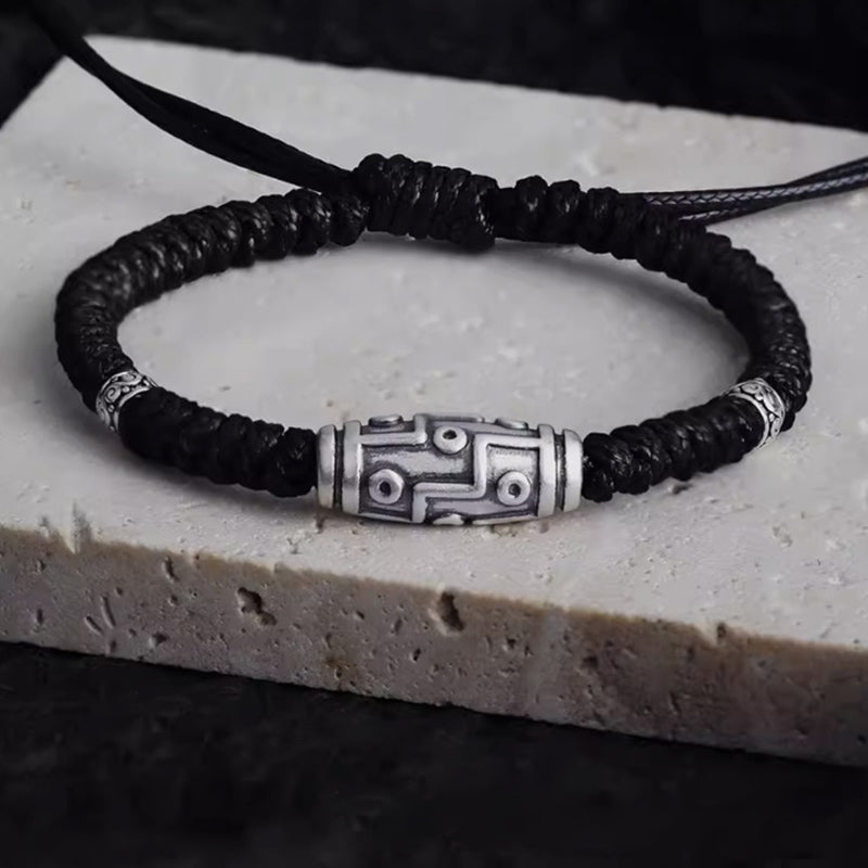 BWOOOH 999 Sterling Silver Nine-Eye Dzi Bead Pattern Blessing Rope Bracelet