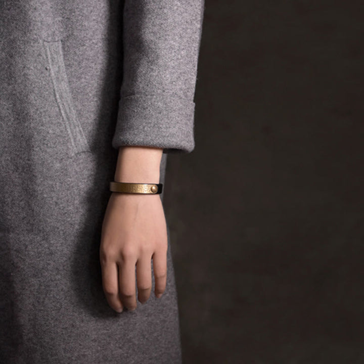BWOOOH Vintage Handmade Texture Copper Brass Leather Wealth Bracelet Bangle
