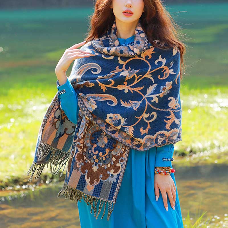 BWOOOH Tibetan Flowers Leaves Branch Design Tassel Shawl 