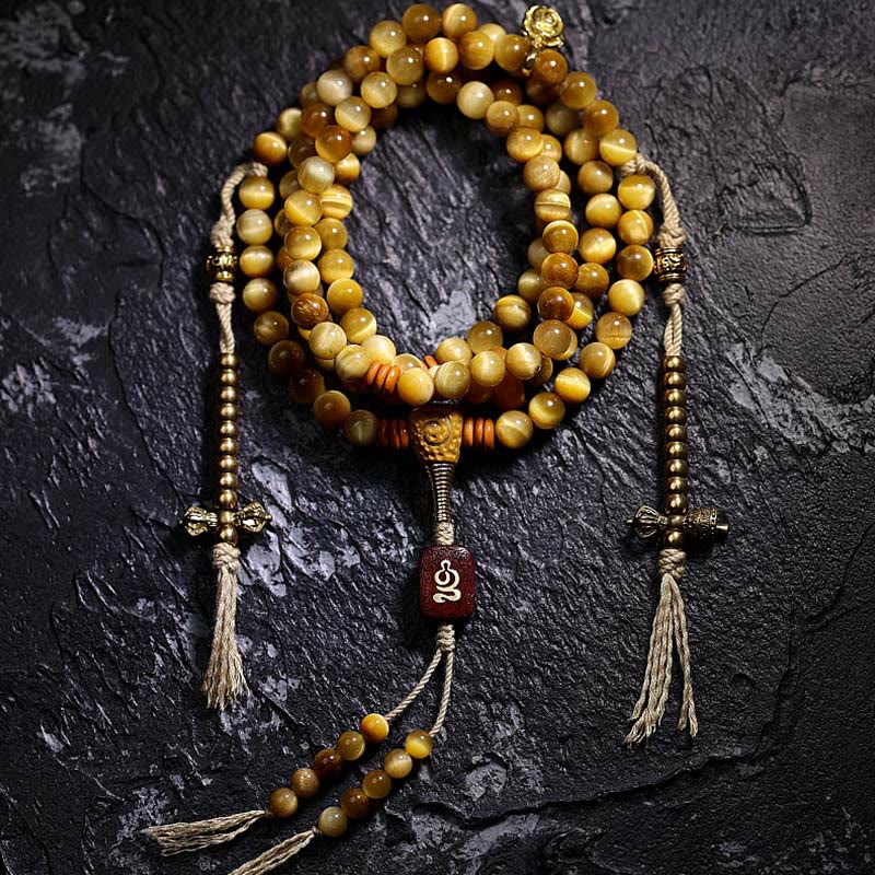 BWOOOH 108 Mala Beads Natural Tiger Eye Copper Dorje Protection Tassel Bracelet