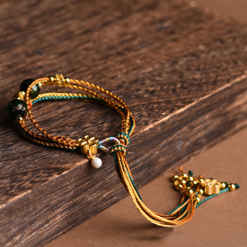 BWOOOH Tibetan Handmade Rope Liuli Glass Bead Braided Multilayered Healing Bracelet