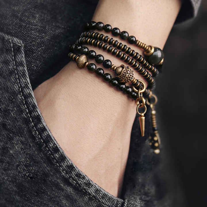 BWOOOH Rainbow Obsidian Ebony Wood Copper Positive Multilayer Bracelet | spiritual healing bracelet