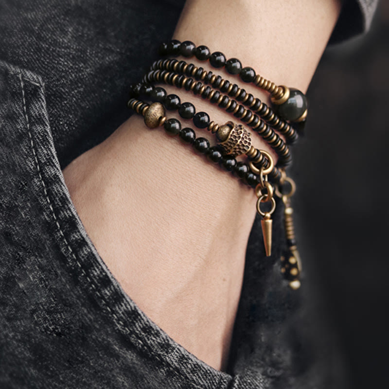 BWOOOH Rainbow Obsidian Ebony Wood Copper Positive Multilayer Bracelet | spiritual healing bracelet