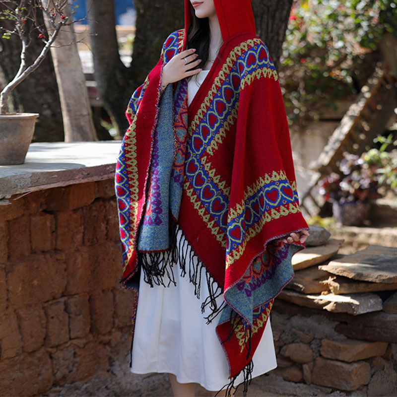 BWOOOH Tibetan Shawl Red Love Heart Tassel Hooded Cloak W