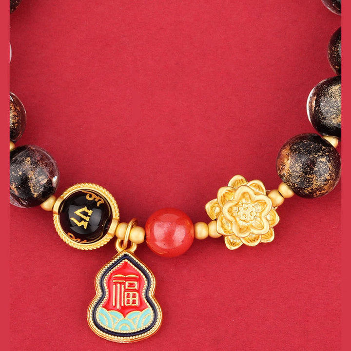 BWOOOH Tibet Om Mani Padme Hum Fu Character Gourd Charm Lotus Liuli Glass Bead Luck Bracelet