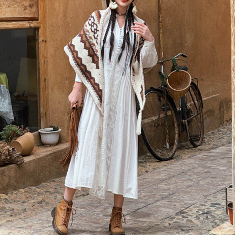 BWOOOH Tibetan Striped Brown Beige Tassel Shawl Winter Co