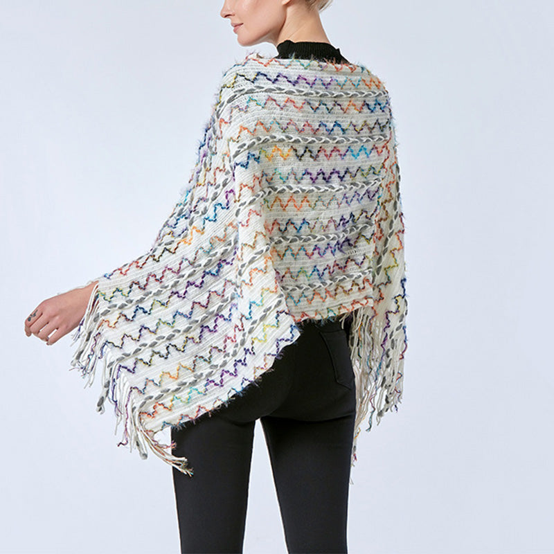 BWOOOH Tibetan Colorful Striped Shawl Tassels Pullover Wi