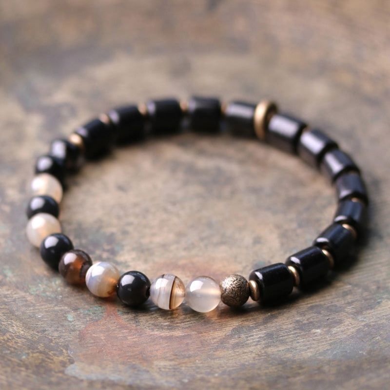 BWOOOH Ebony Wood Red Jasper Moss Agate Crystal Copper Peace Couple Bracelet