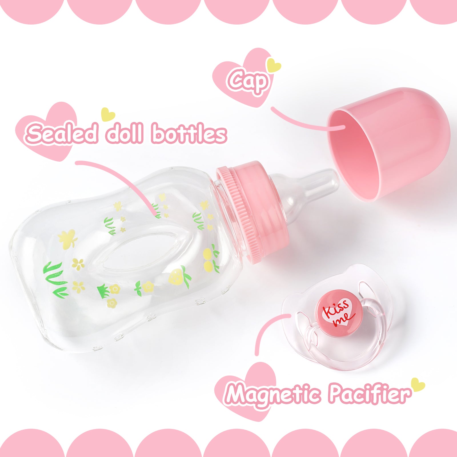 "Kiss me" Pacifier and Floral Bottle 2 Pieces Set Safe Reborn Baby Doll Accessories
