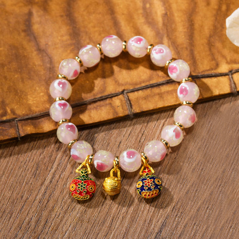 BWOOOH Gold Swallowing Beast Family Charm Luminous Pink Love Heart Fluorescent Liuli Glass Bead Blessings Bracelet