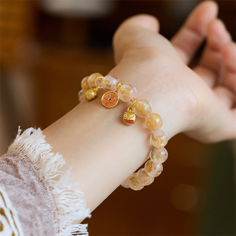 BWOOOH Gold Swallowing Beast Copper Coin Good Luck Charm Liuli Glass Bead Fortune Bracelet