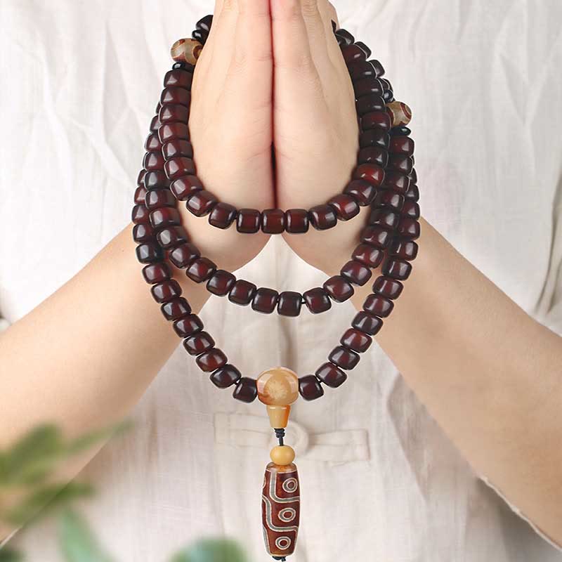BWOOOH 108 Mala Beads Three-eyed Dzi Bead Nine-eye Dzi Bead Jade Luck Bracelet