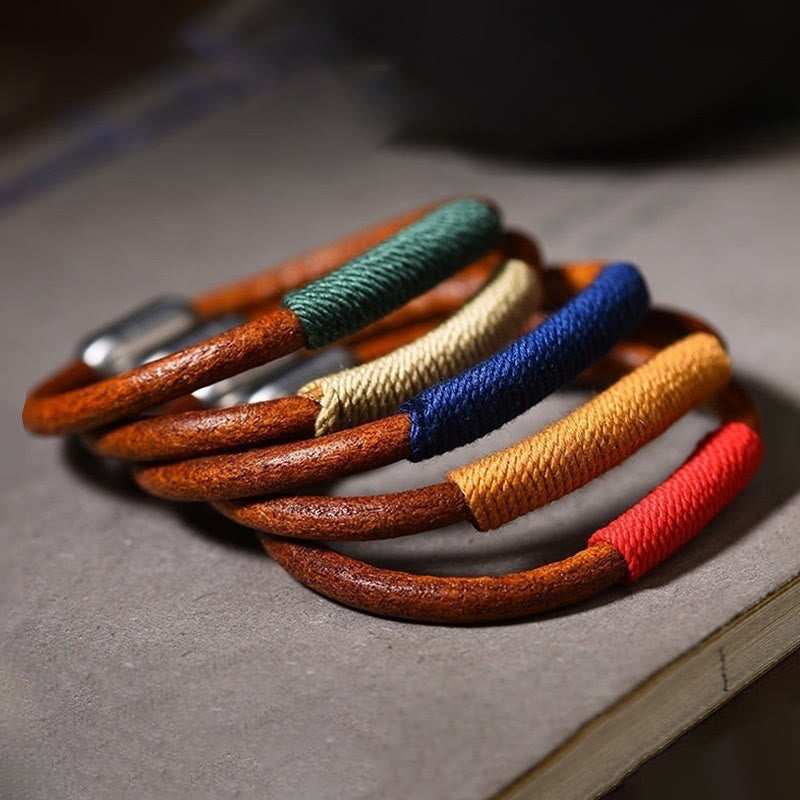 BWOOOH Tibetan Leather Handmade Five Elements Luck Braid String Buckle Bracelet