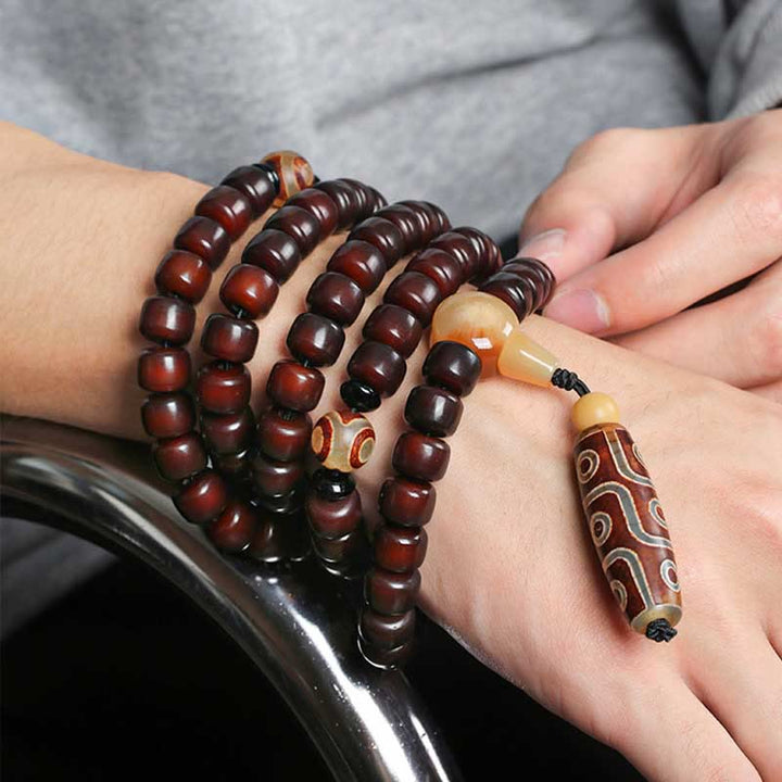 BWOOOH 108 Mala Beads Three-eyed Dzi Bead Nine-eye Dzi Bead Jade Luck Bracelet