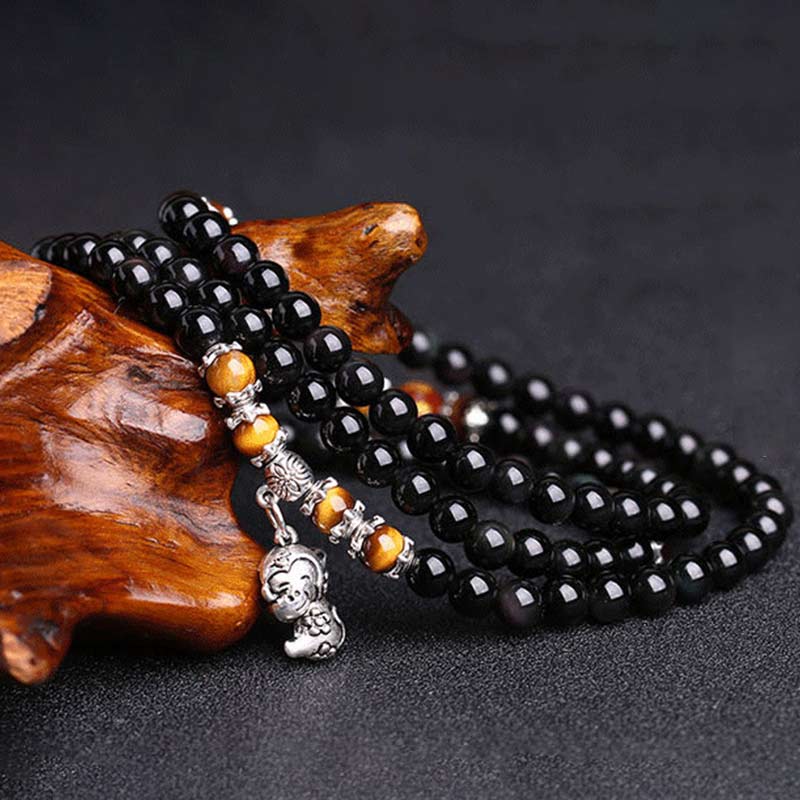BWOOOH Chinese Zodiac 108 Beads Black Obsidian Tiger Eye Fortune Mala Bracelet