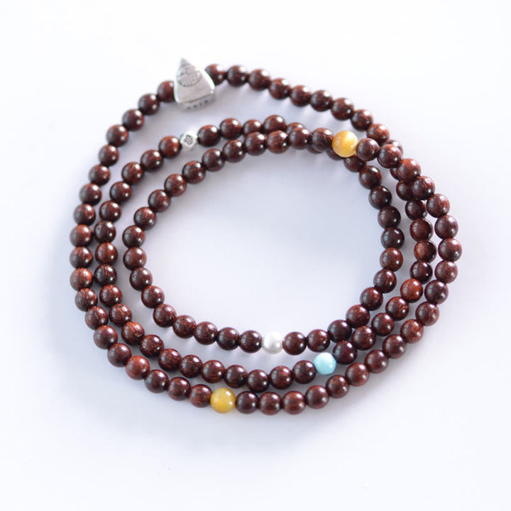 BWOOOH 925 Sterling Silver Indian Small Leaf Red Sandalwood Fu Character Protection Triple Wrap Bracelet