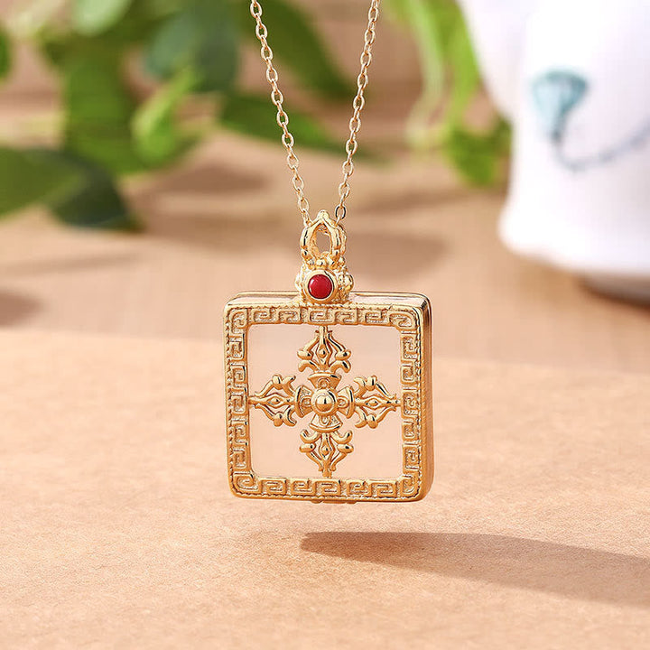 BWOOOH 24K Gold Plated White Jade Double Dorje Protection Luck Necklace Pendant