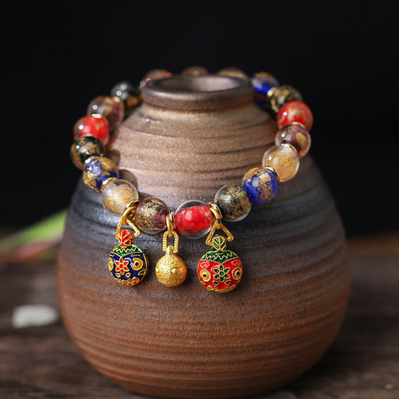 BWOOOH Gold Swallowing Beast Family Charm Gold Silver Foil Liuli Glass Bead Blessings Bracelet