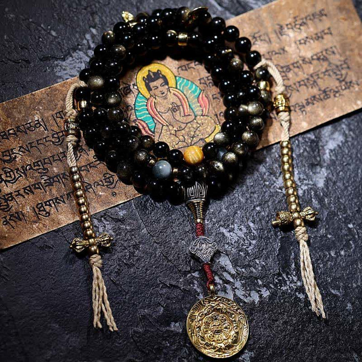 BWOOOH 108 Mala Beads Gold Sheen Obsidian Tiger Eye Eagle&