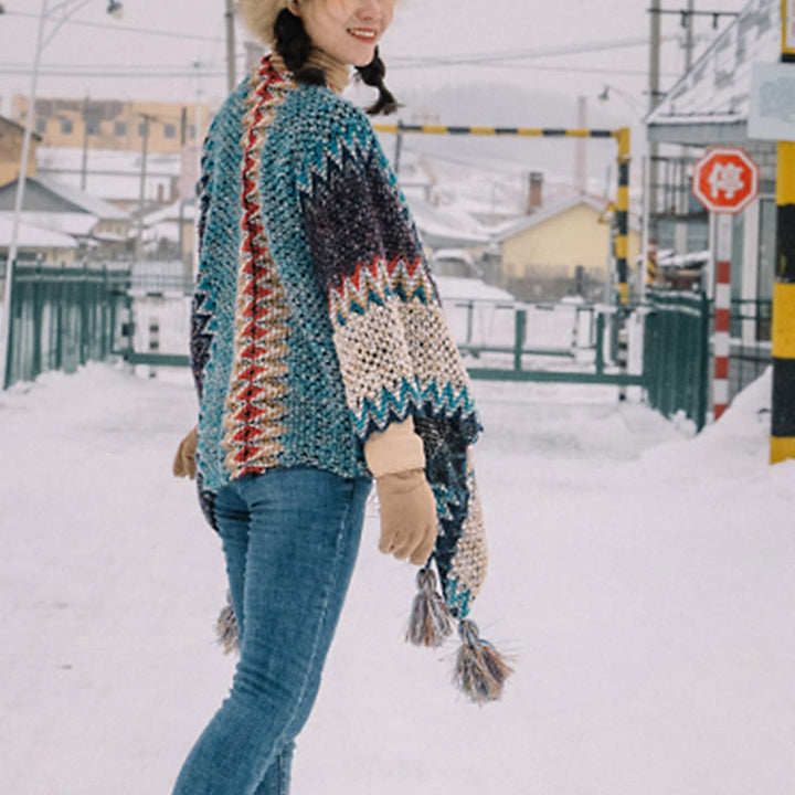 BWOOOH Tibetan Shawl Blue Beige Red Wavy Pattern Winter W