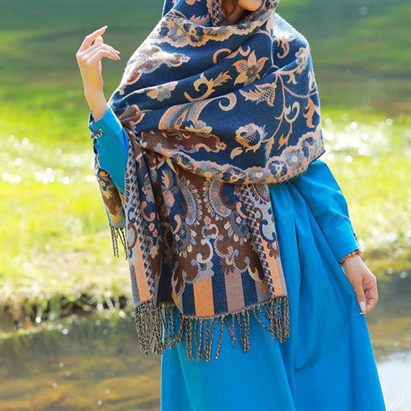 BWOOOH Tibetan Flowers Leaves Branch Design Tassel Shawl 