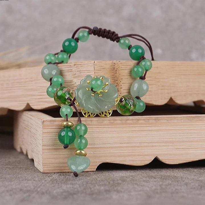 BWOOOH Natural Green Jade Luck Dangling Flower Bracelet