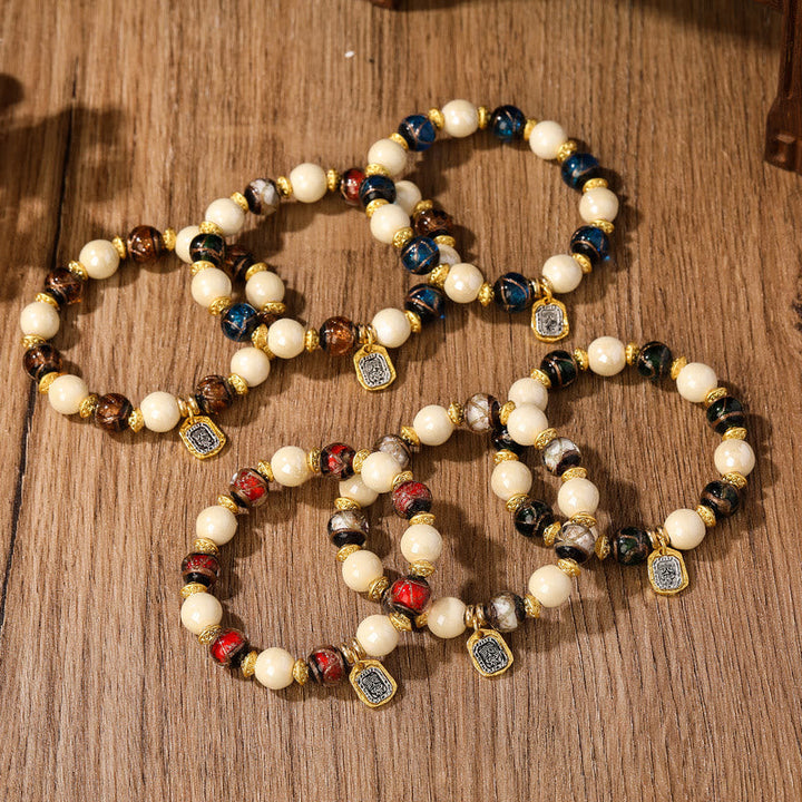 BWOOOH Tibetan Zakiram Goddess of Wealth Charm Liuli Glass Incense Ash Porcelain Bead Protection Bracelet
