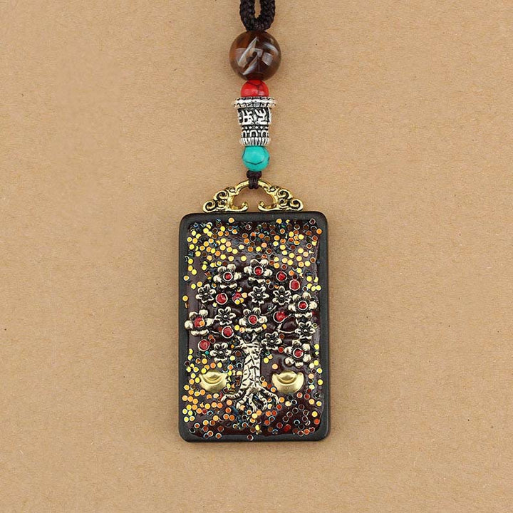 BWOOOH Tibet God Of Wealth Money Tree Golden Phoenix Thangka Ebony Peace Necklace Pendant