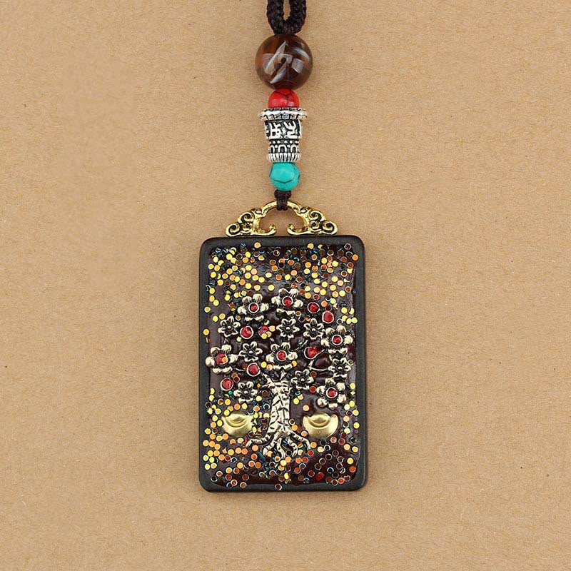 BWOOOH Tibet God Of Wealth Money Tree Golden Phoenix Thangka Ebony Peace Necklace Pendant