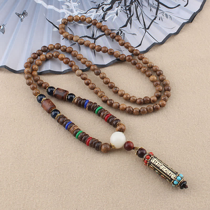 BWOOOH Tibetan Om Mani Padme Hum Dzi Bead Wenge Wood Necklace Pendant