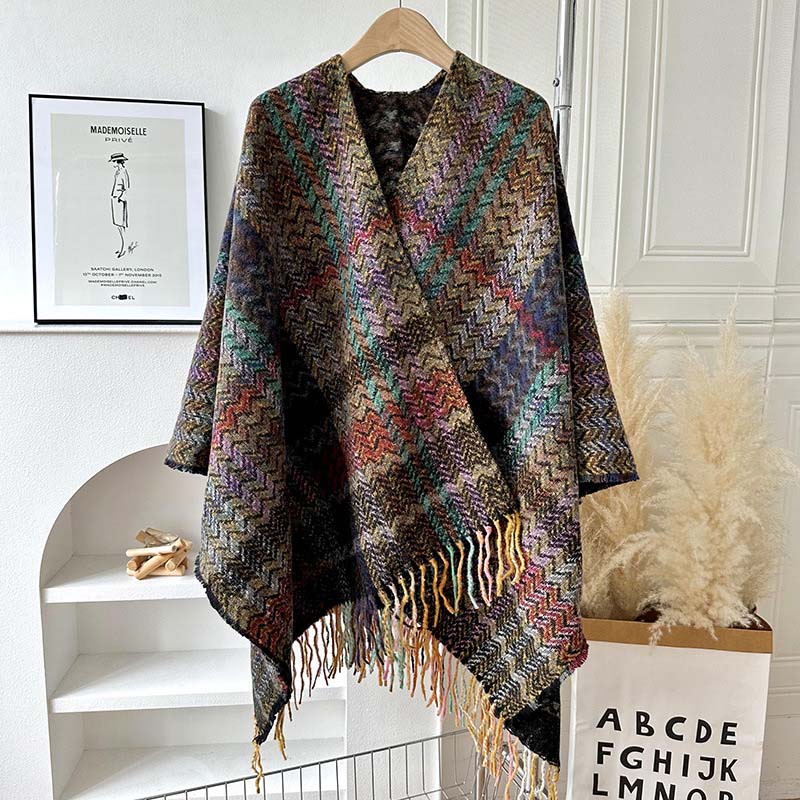 BWOOOH Tibetan Shawl Colorful Wavy Striped Shapes Tassels