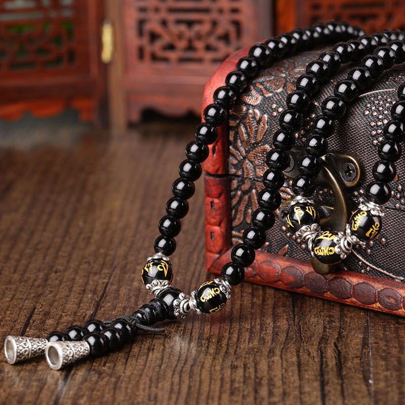 BWOOOH Black Obsidian Six True Words Protection Mala Bracelet